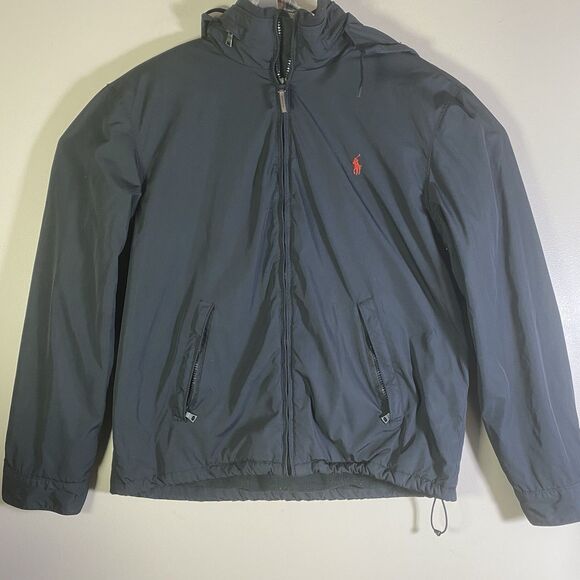 Vintage Polo Ralph Lauren Hooded Jacket Mens Large Black Red Pony Preppy - Picture 1 of 16